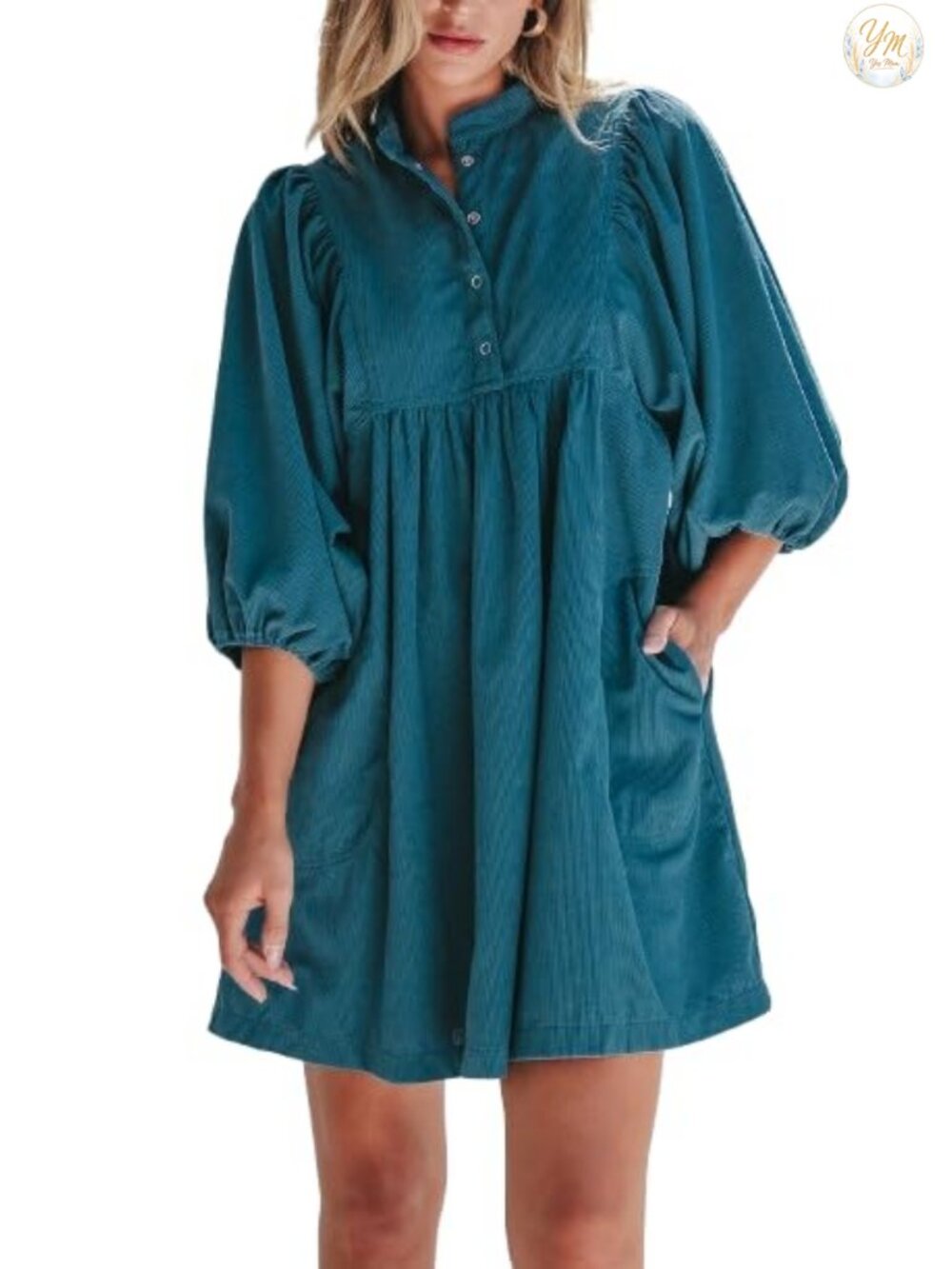 Corduroy Mini Dress Puff Sleeve V-Neck Babydoll Casual Fall Winter